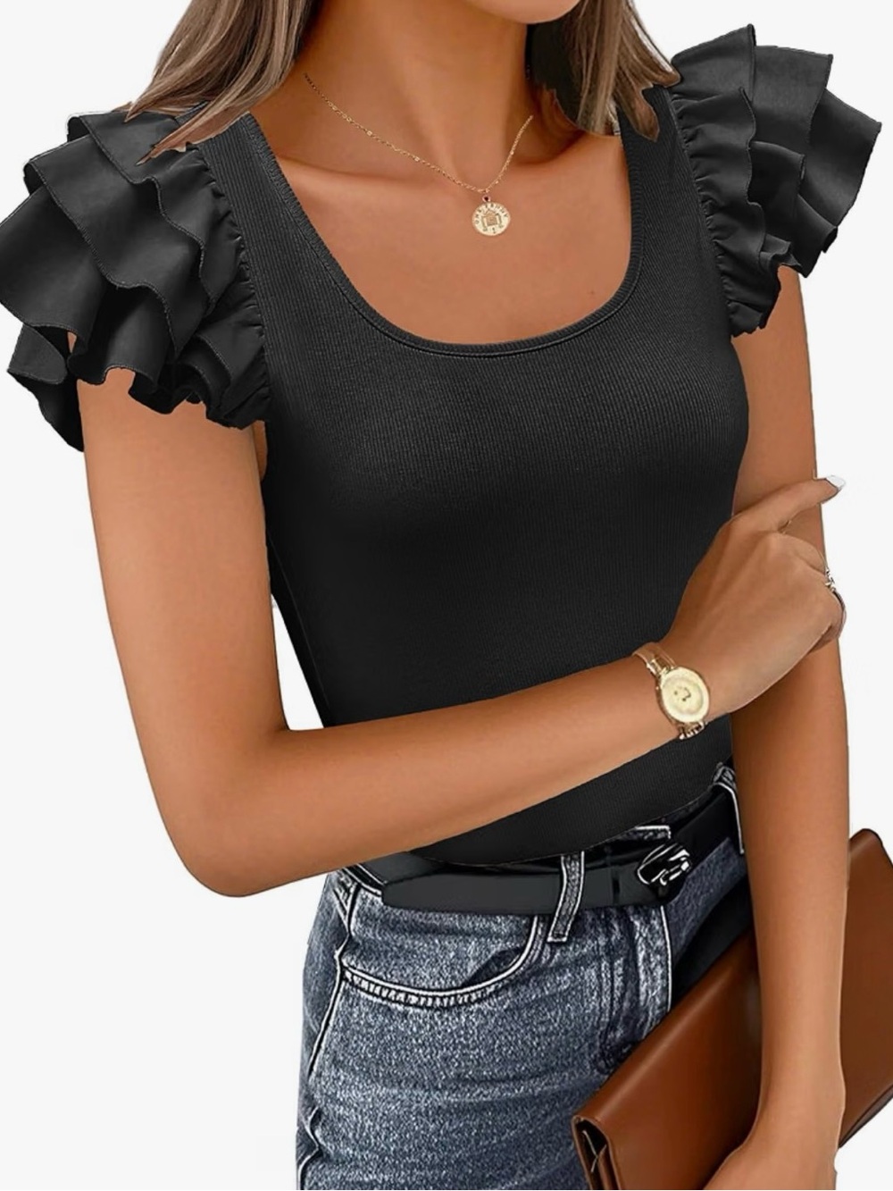 NEW Black Ruffle Short Sleeve Shirt Ribbed Knit Fitted Square Neck Top Size L